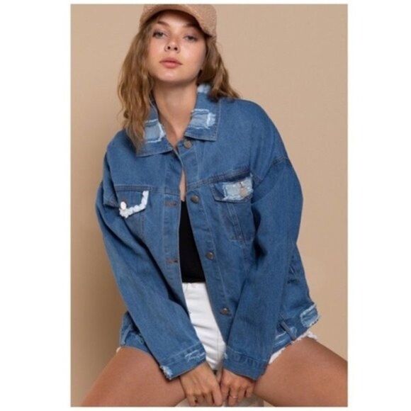 DISTRESSED Denim Jacket with Floral Laced Pockets - Picture 1 of 9